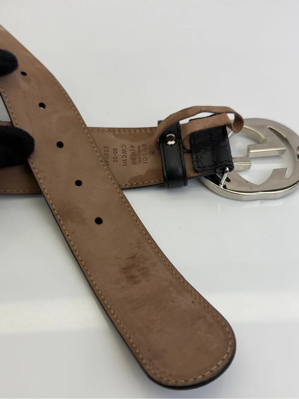 Authentic Gucci Guccissima Black Mens Leather Belt Gg Interlocking 80/32 411924